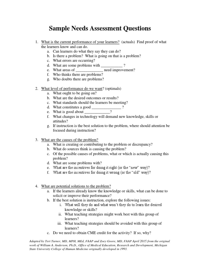 Sample Needs Assessment Questions | PDF | Learning | Needs Assessment