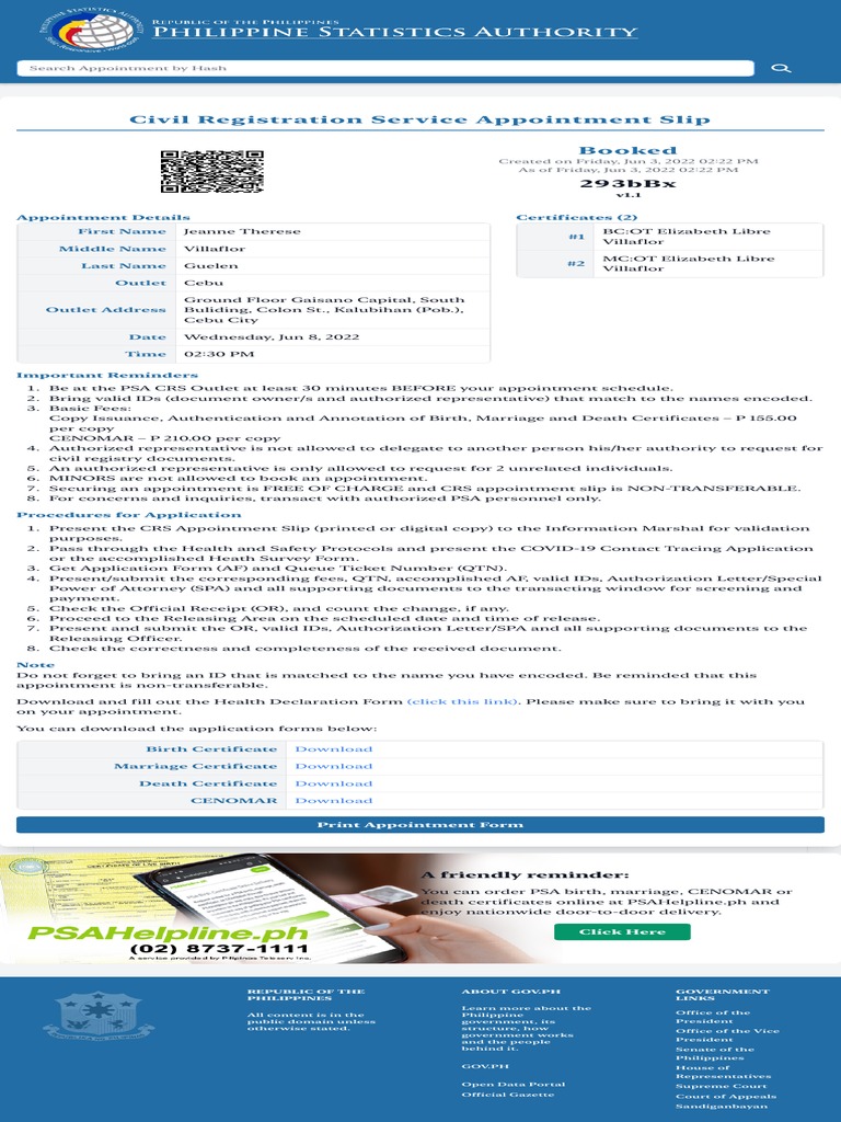 Civil Registration Appointment Details | PDF | Identity Document | Privacy