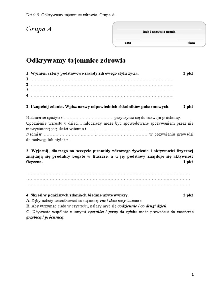 Test Z Przyrody Klasa 4 Dział 5 Odkrywamy Tajemnice Zdrowia