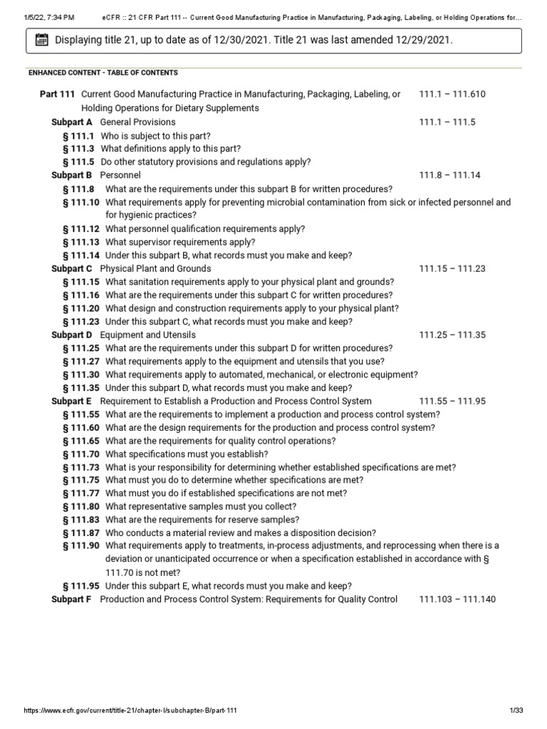 Audit Checklist 21 CFR 111 PDF Dietary Supplements Water
