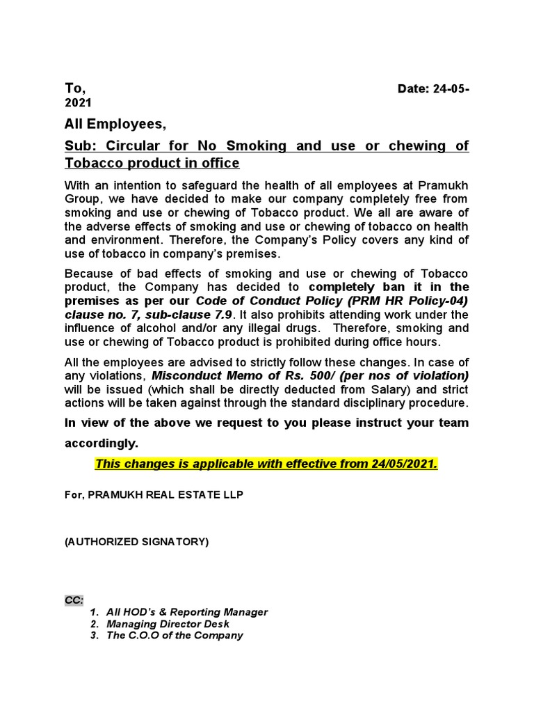 No Smoking Policy Implementation Memo