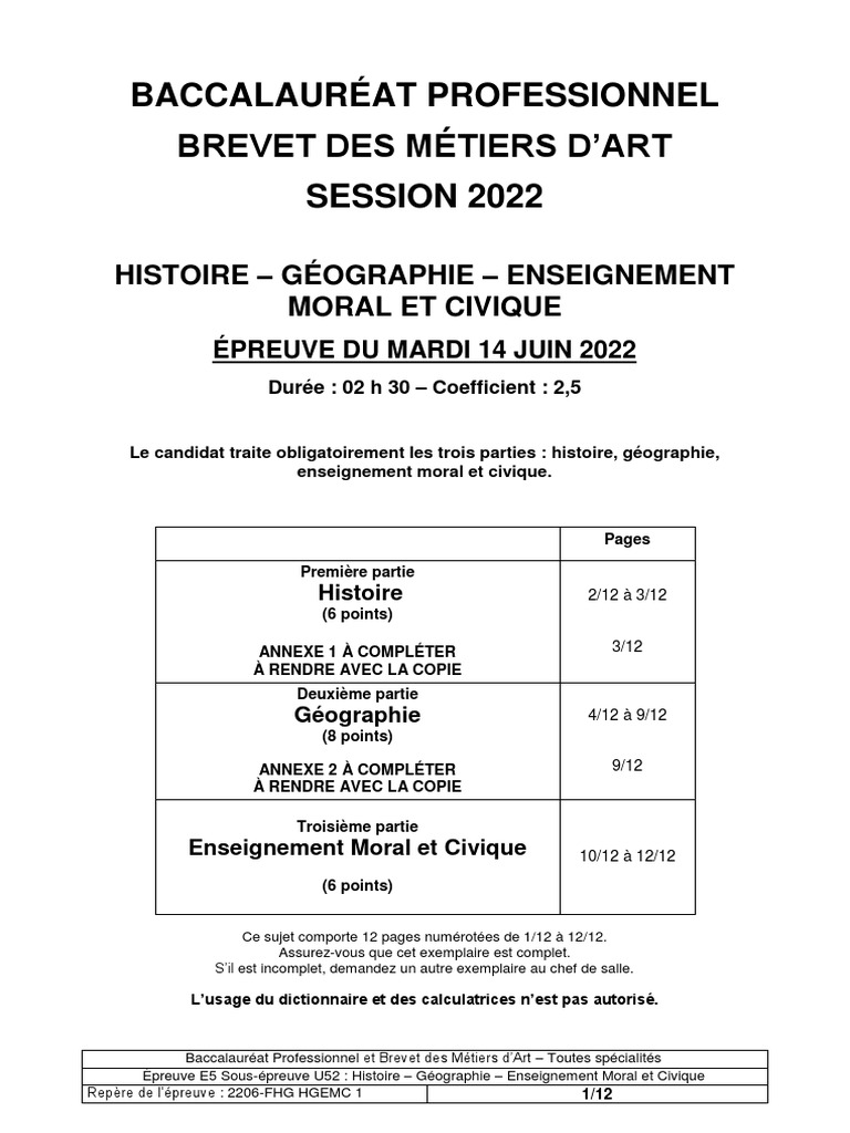 Corrige Bac Pro Histoire 2022 Sujet D' Histoire Géographie-Enseignement Moral Et Civique - Bac Pro 2022 |  PDF | Démocratie | Idéologies politiques