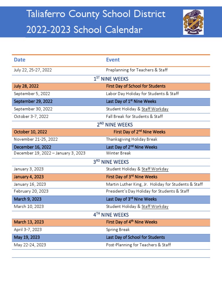 2022-2023 District Calendar - Taliaferro | PDF