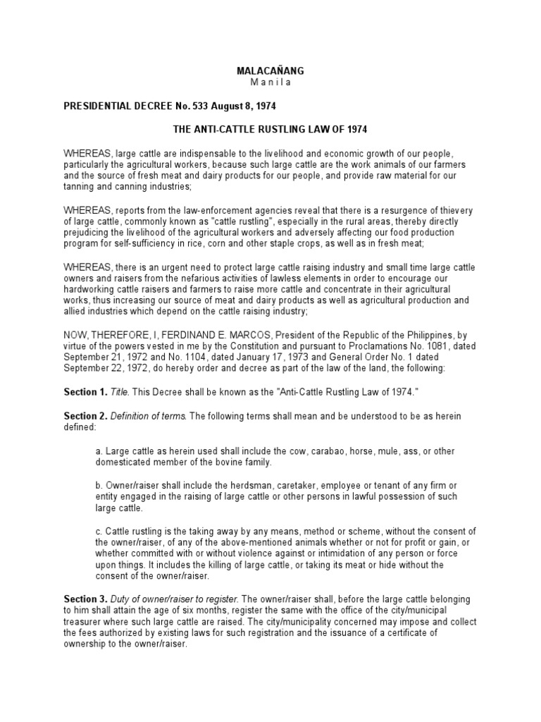 Anti-Cattle Rustling Law of 1974 | PDF | Public Law | Cattle