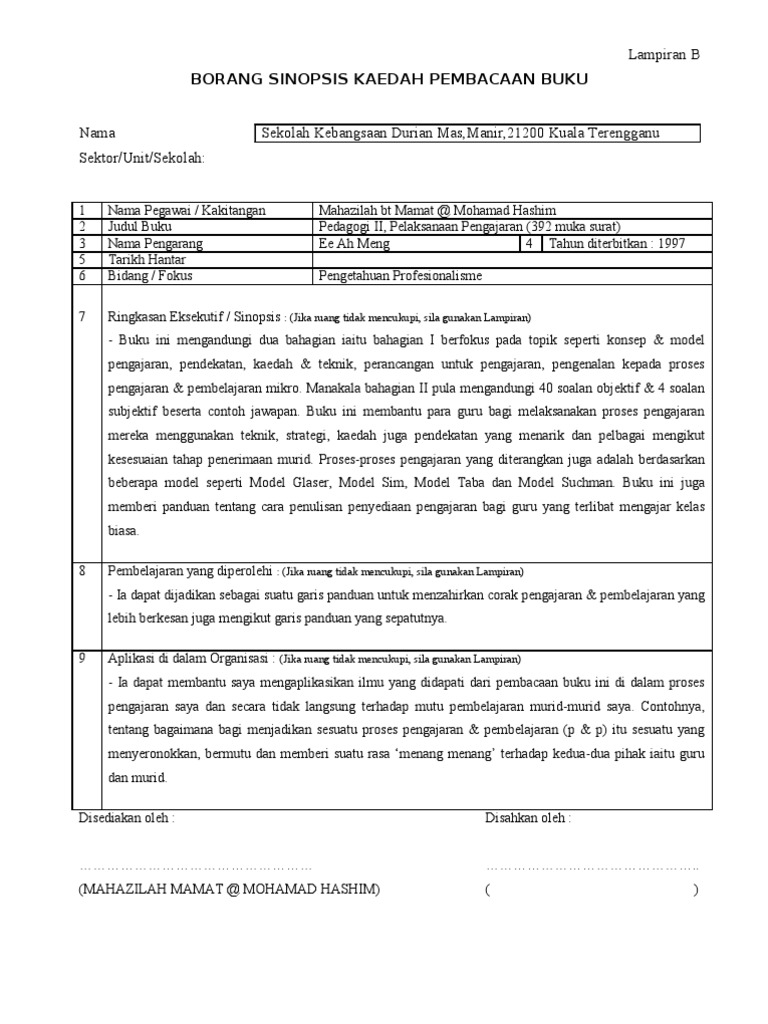Borang Sinopsis Kaedah Pembacaan Buku Skdmm Pdf