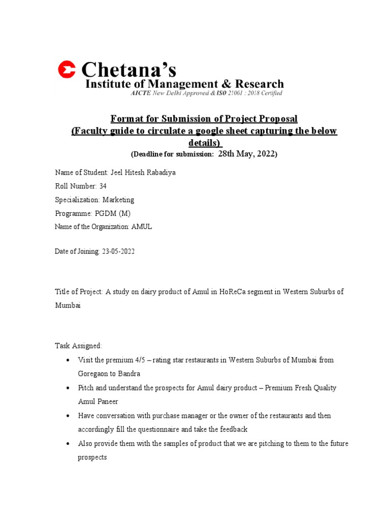 Format For Submission of Project Proposal (Faculty Guide To Circulate A ...