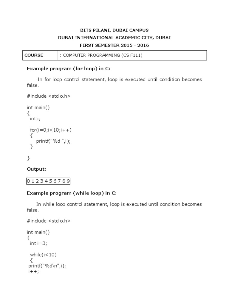 Example Program (For Loop) in C | Download Free PDF | Pointer (Computer ...