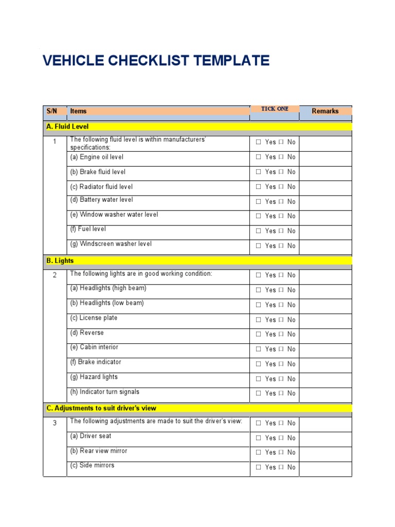 Vehicle Checklist Template: S/N Items Remarks A. Fluid Level | PDF ...