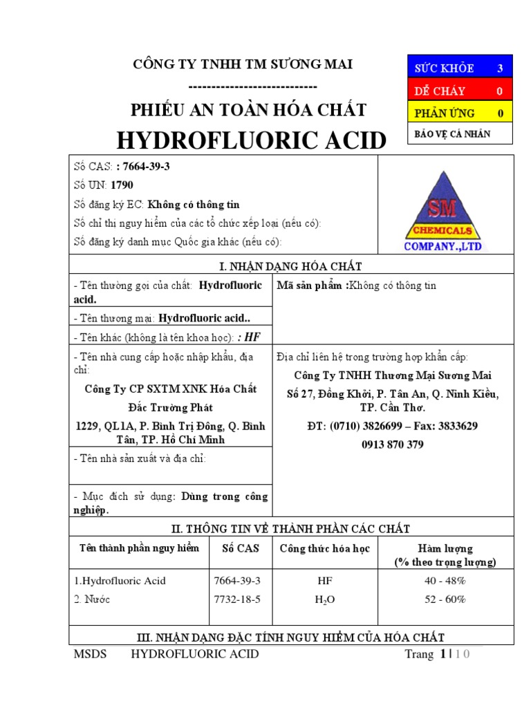Hydrofluoric Acid: Phiếu An Toàn Hóa Chất | PDF