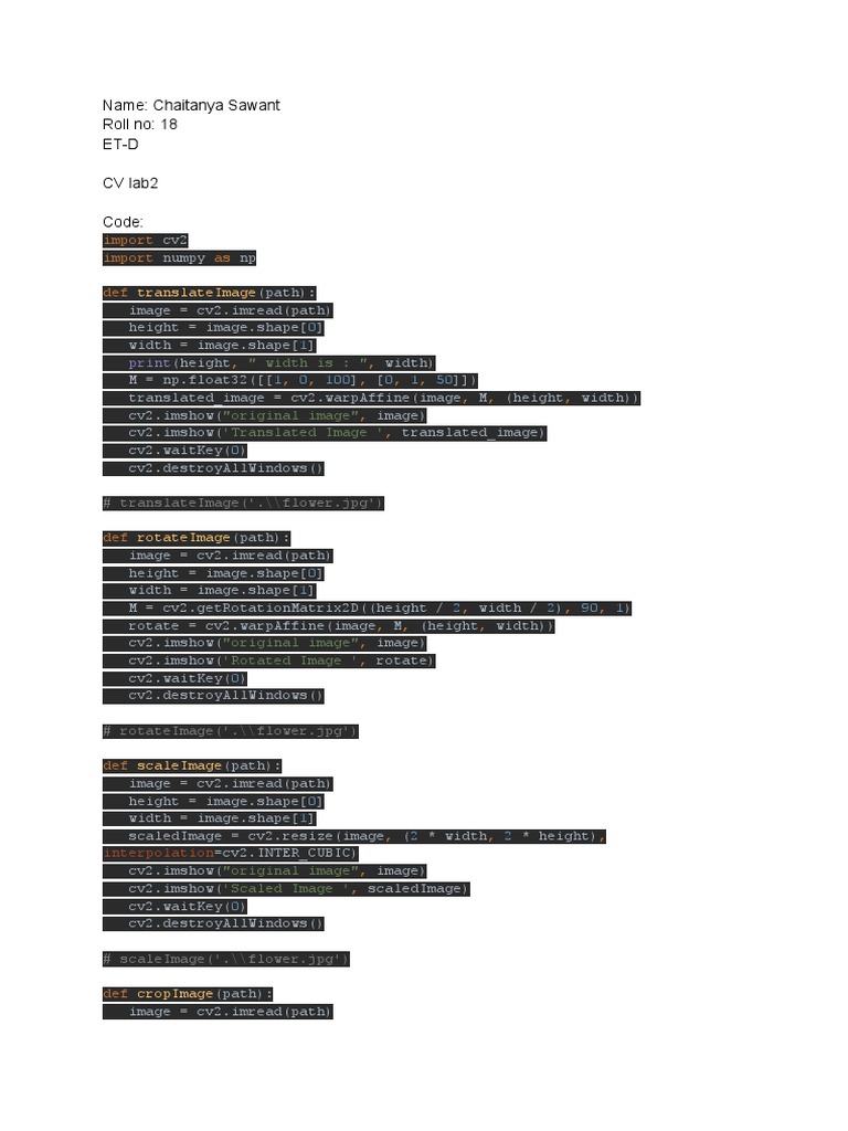 Name Chaitanya Sawant Roll No 18 EtD CV Lab2 Code Import Import As