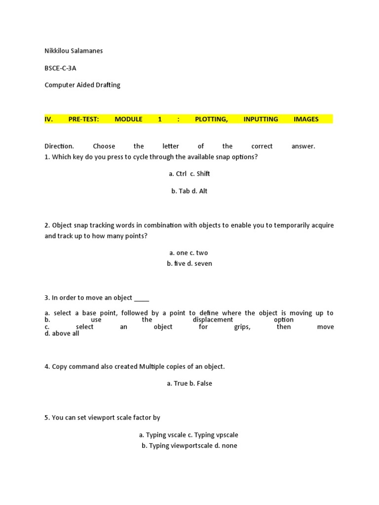 CAD Pre-Test Questions and Evaluations | PDF | Cartesian Coordinate ...