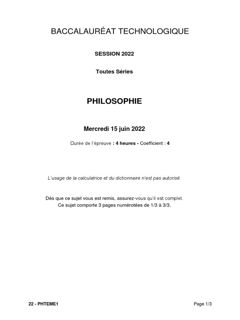 Sujet Brevet Technologie 2022 Pdf Bac 2022-Philo Techno | PDF | Vérité