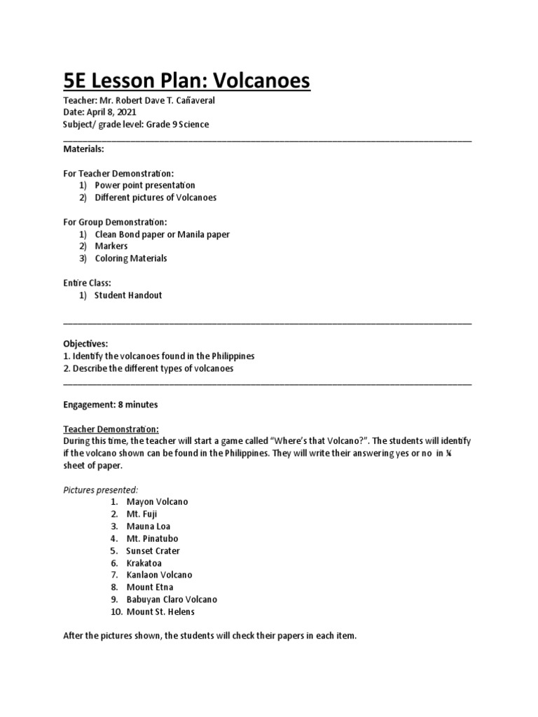 5E Lesson Plan Volcanoes Materials Download Free PDF Volcano