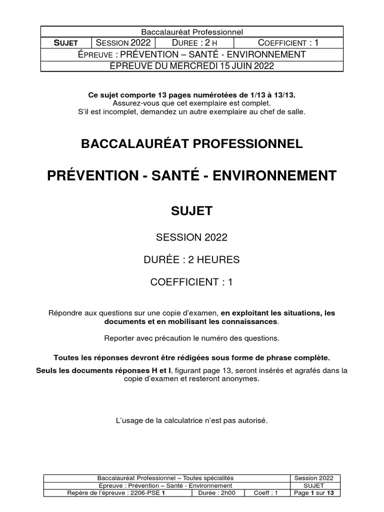 Correction Bac Pro 2022 BAC PRO 2022 Sujet Prévention Santé Environnement | PDF | Prophylaxie |  Énergie renouvelable