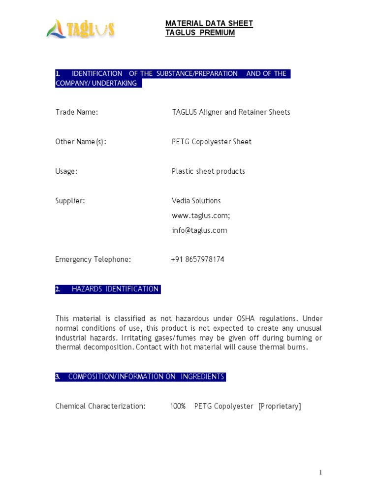 TAGLUS PETG Safety Datasheet Premium PDF Dangerous Goods Toxicity