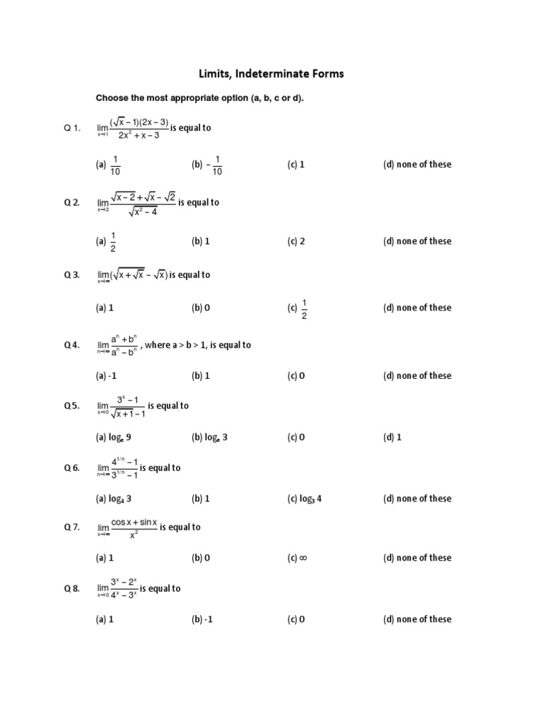 Limits and Indeterminate Forms Quiz | PDF | Complex Analysis ...