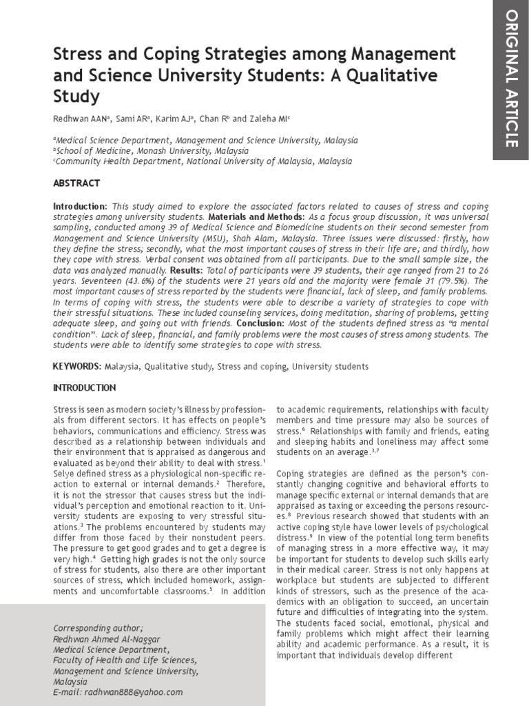 Stress and Coping Strategies Among Management and Science University ...
