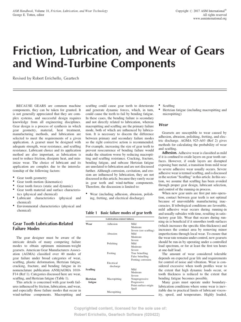 Friction Lubrication and Wear of Gears A | PDF | Wear | Lubricant