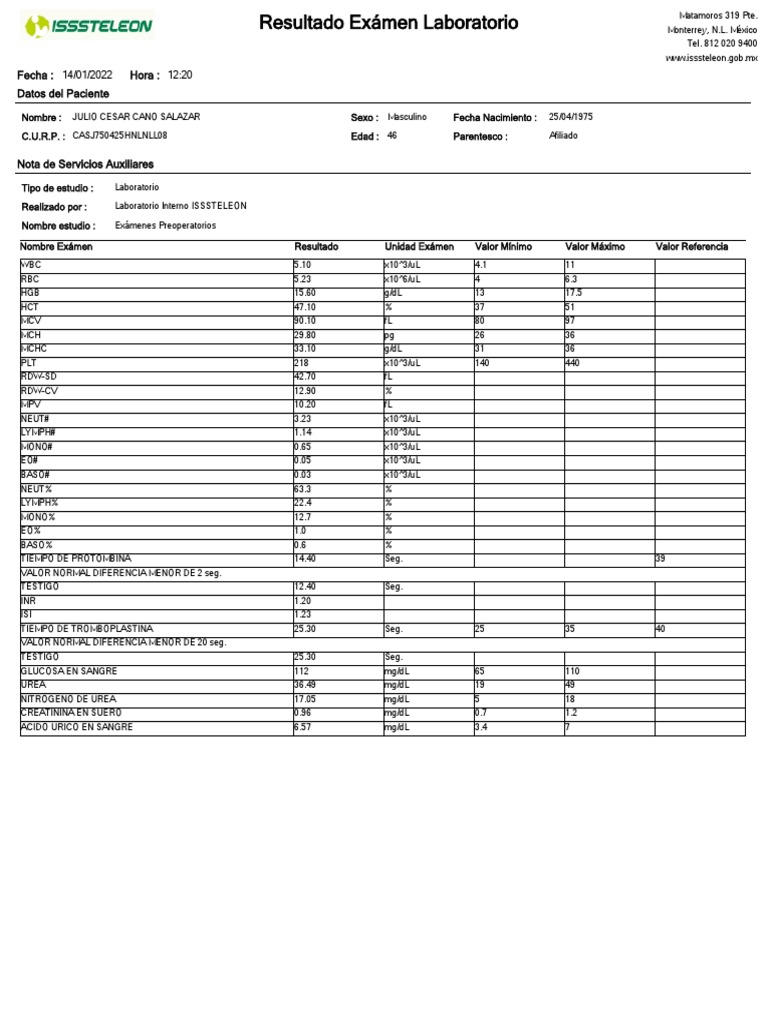 Resultados de Exámenes Preoperatorios | PDF