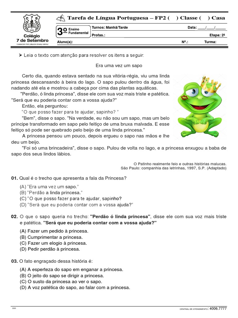 3º Ano Tarefa de Português Forms FP2 | PDF | Sapo