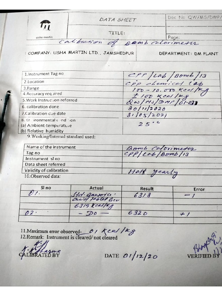 Bomb Calorimeter Calibration Record PDF