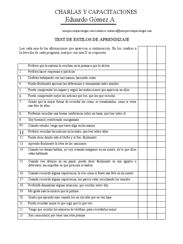 Test de Estilos de Aprendizaje Preescolar | PDF | Aprendizaje