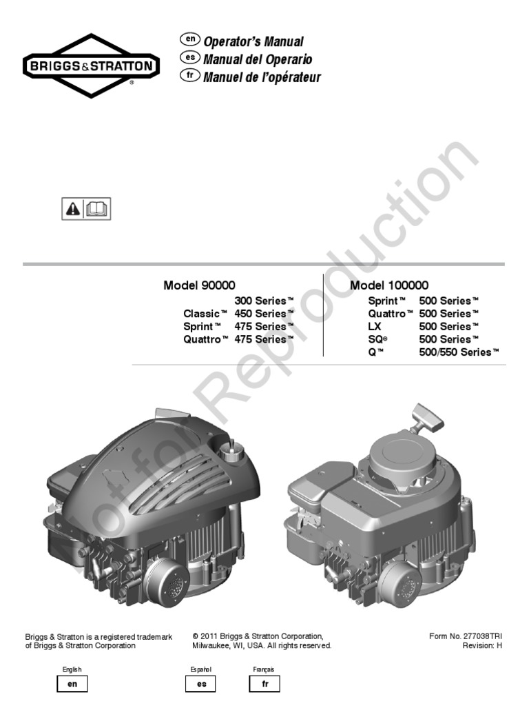 10T500 Briggs Engine Operators Manual PDF Gasoline Horsepower