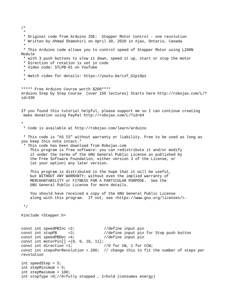 Arduino Stepper Motor Control Code | PDF | Arduino | Free Software