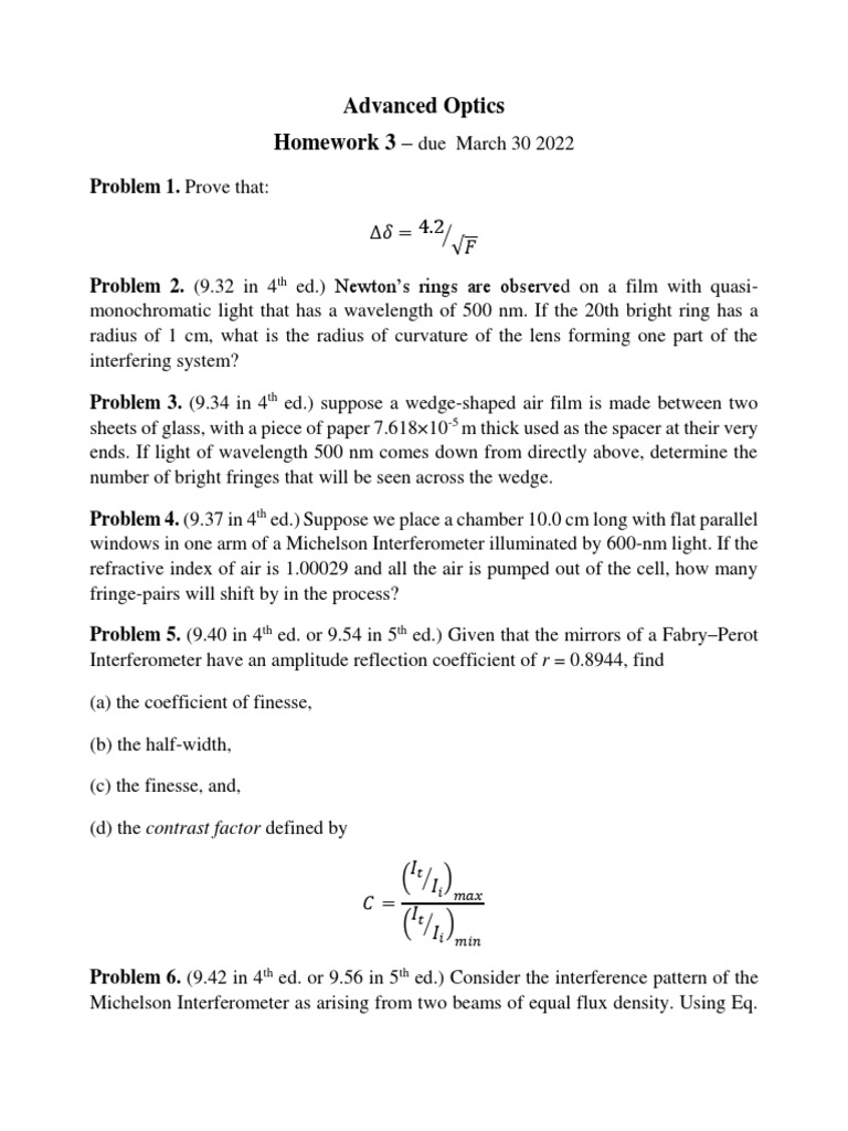 Advanced Optics Homework Problems | PDF