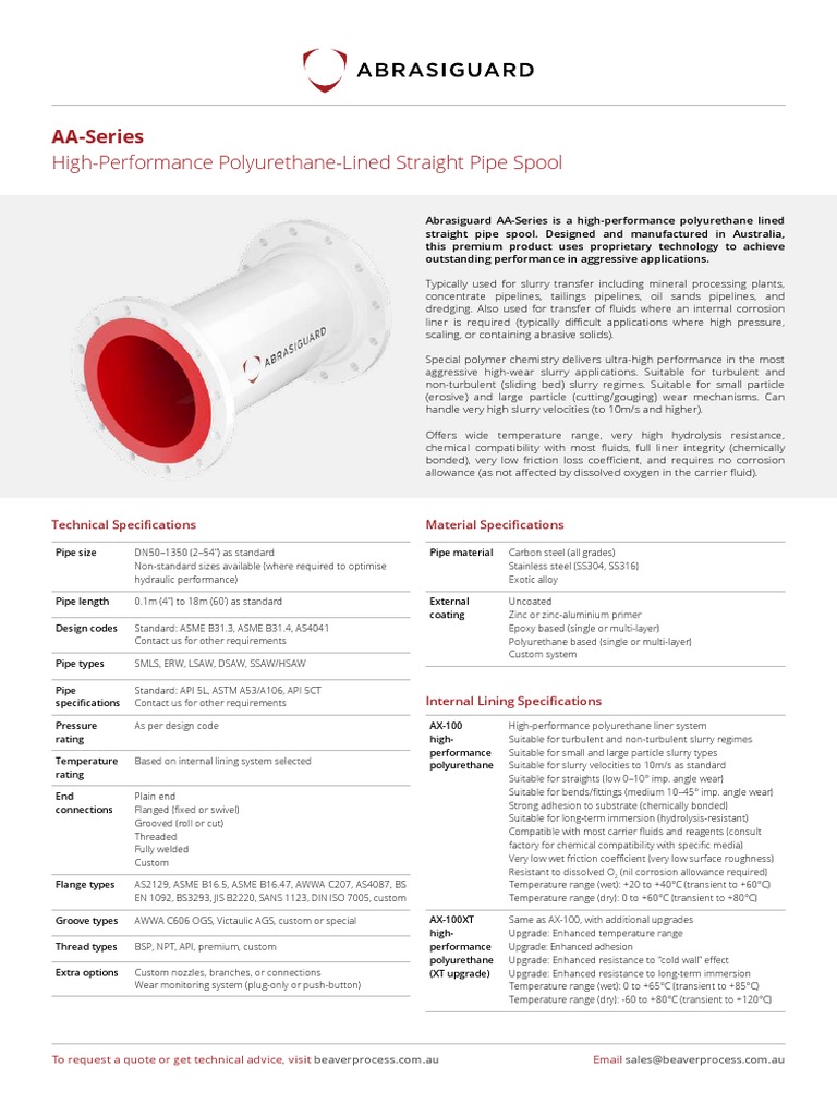Abrasiguard AA Straight Polyurethane Lined Pipe Datasheet PDF
