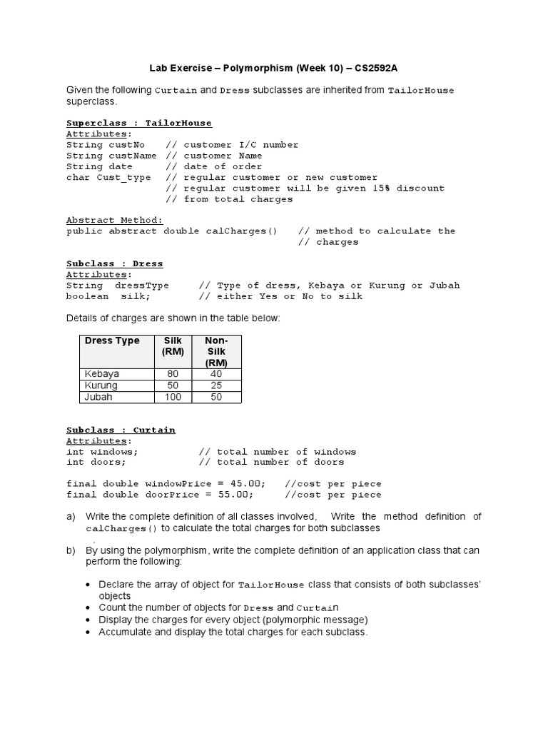 Lab Exercise - Polymorphism (Week 10) - CS2592A | PDF | Inheritance ...