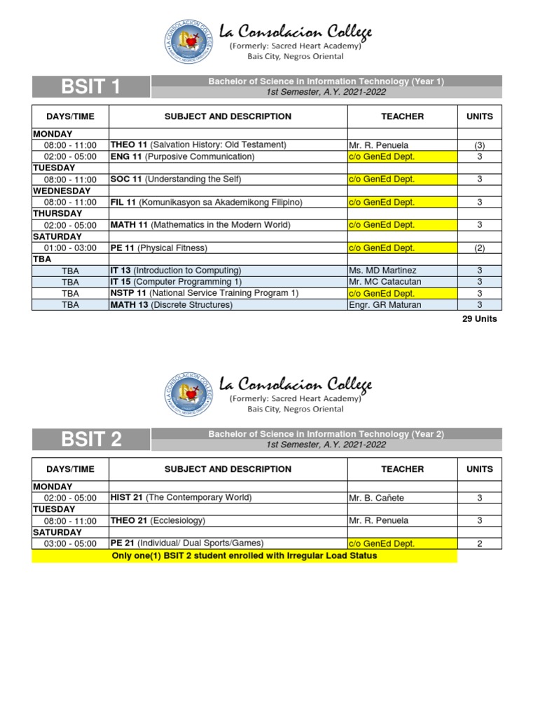 Bsit & Blis Sched (1ST Sem, 20212022) PDF Computing Science