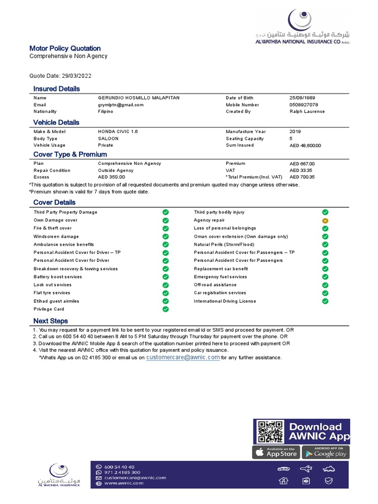 Motor Policy Quotation Comprehensive Non Agency PDF Insurance