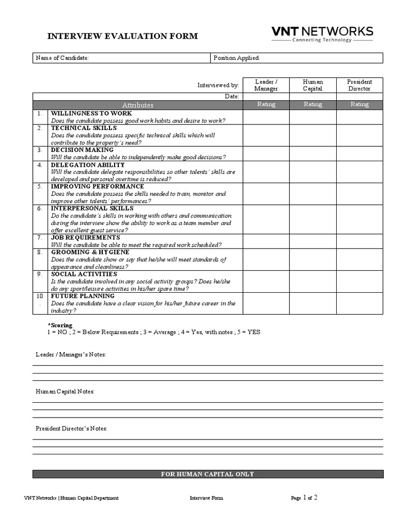 Interview Evaluation Form Attributes PDF Human Capital Salary