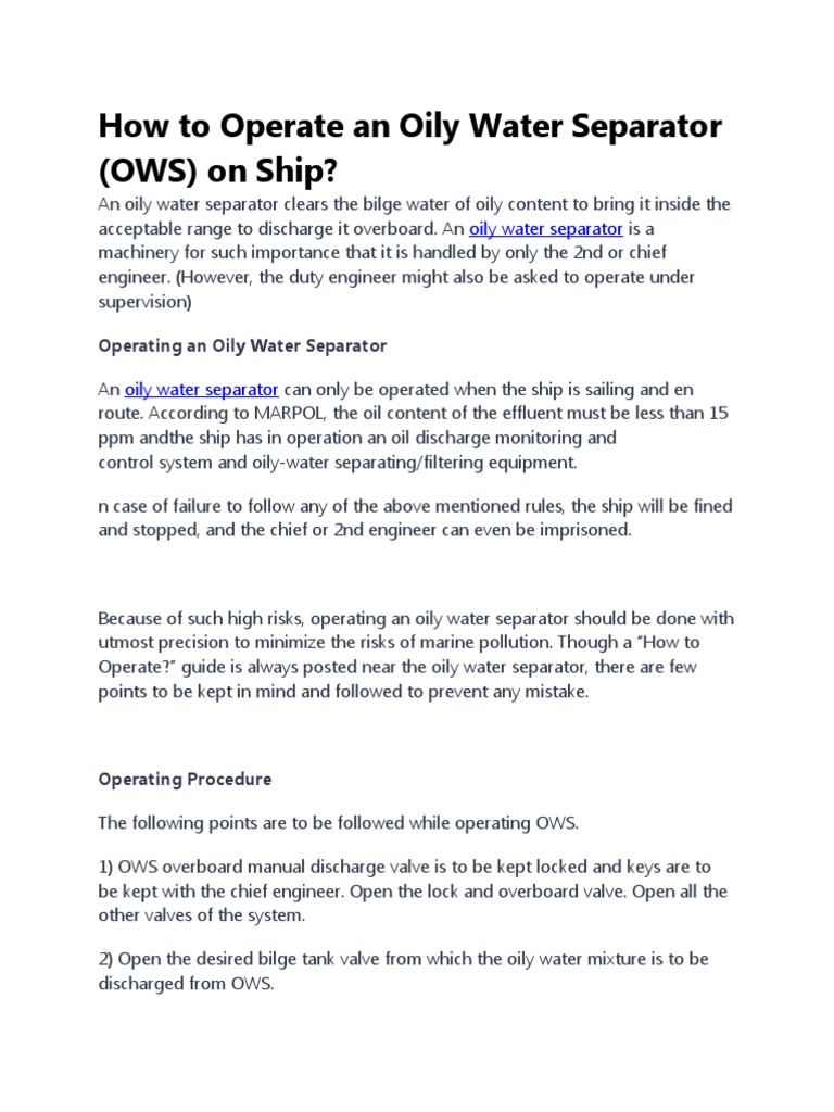 How To Operate An Oily Water Separator | PDF | Water Supply ...