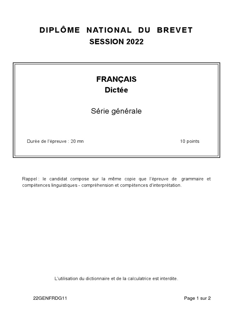 Sujet Brevet 2023 Français France Brevet Dictée | PDF