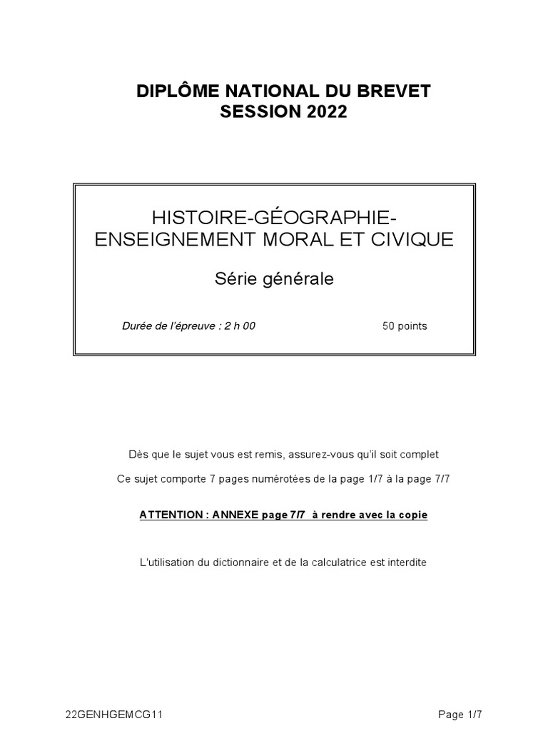Sujet Brevet Histoire 2020 Pdf Série Générale Brevet Hist Geo | PDF