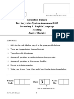 Education Bureau Territory-Wide System Assessment 2013 Secondary 3 English Language Reading Answer Booklet