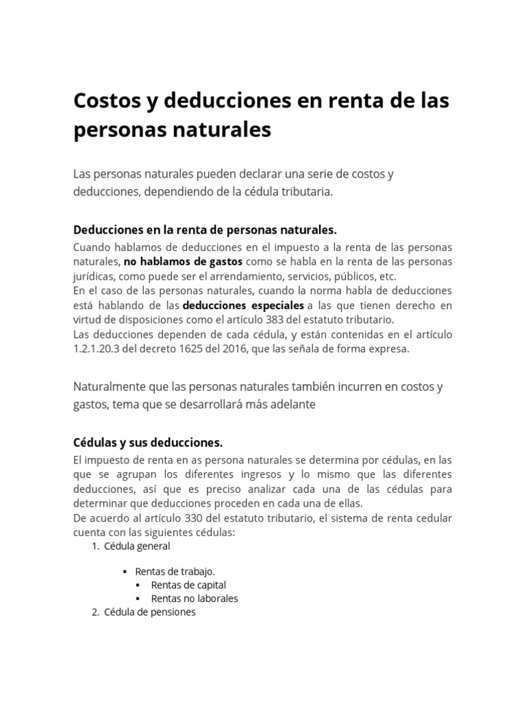 Costos y Deducciones en Renta de Las Personas Naturales | PDF ...