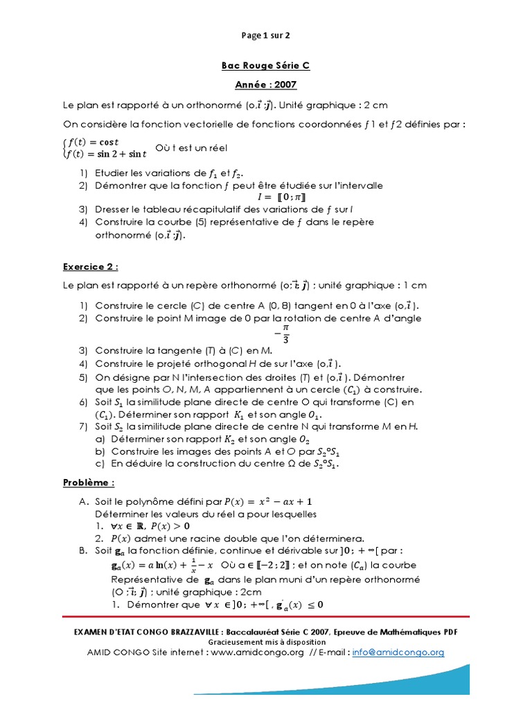 Bac C 2007 : Épreuve Maths Congo | PDF | Algèbre générale ...