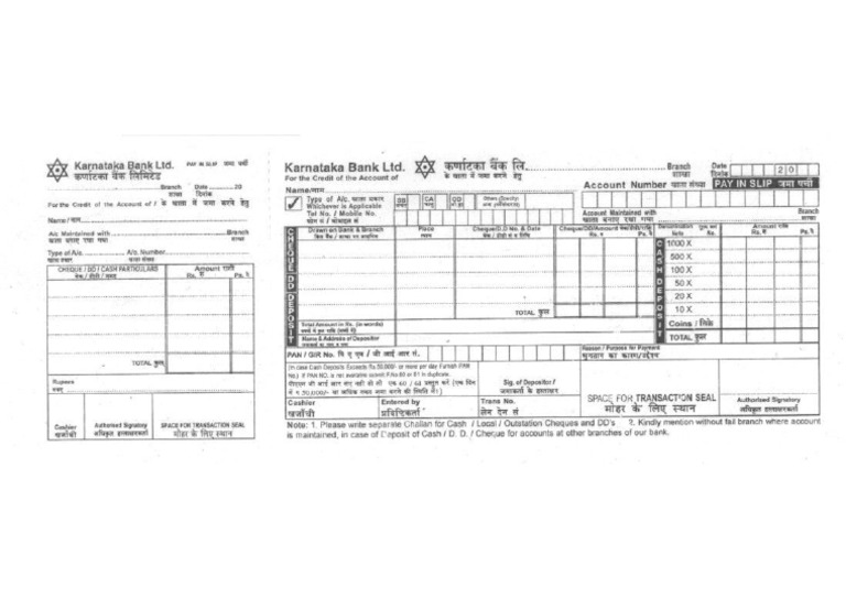 Karnataka Bank Cash Deposit Slip PDF