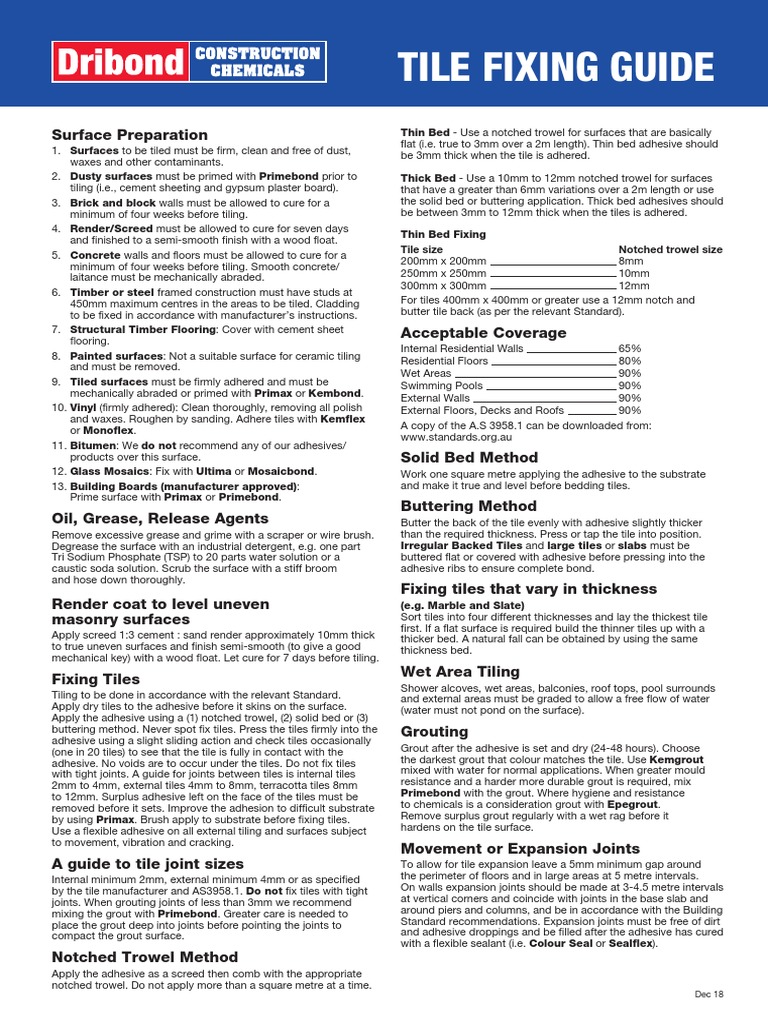Tile Fixing Guide Dec18 | PDF | Tile | Adhesive