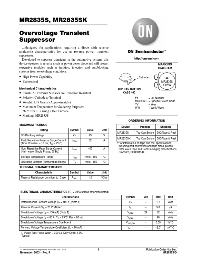 MR2835S, MR2835SK Overvoltage Transient Suppressor: Top Can Button CASE ...