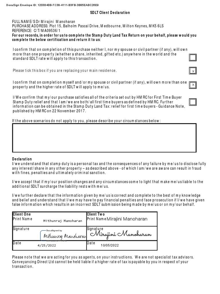 Stamp Duty Client Declaratio (Signed) | PDF | Common Law | Taxes