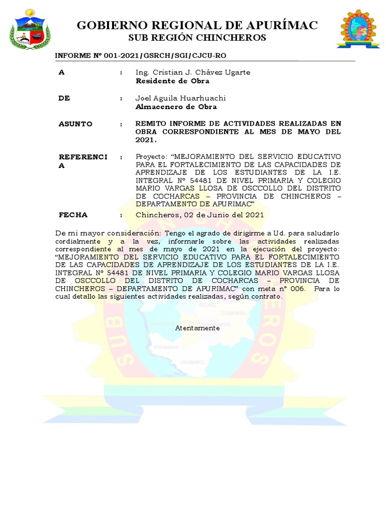 Informe de Actividades Mayo 2021 - Chinchero | PDF | Ciencia y ...