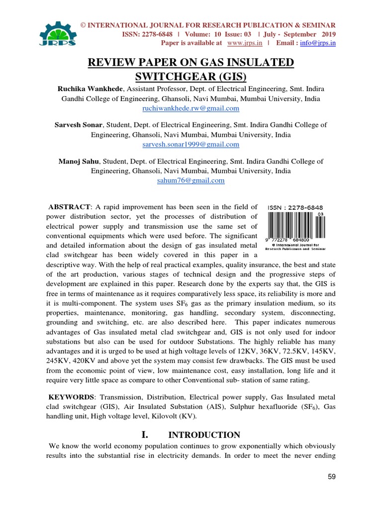 Reveiw Paper On Gas Insulated Switchgear PDF Electrical Substation