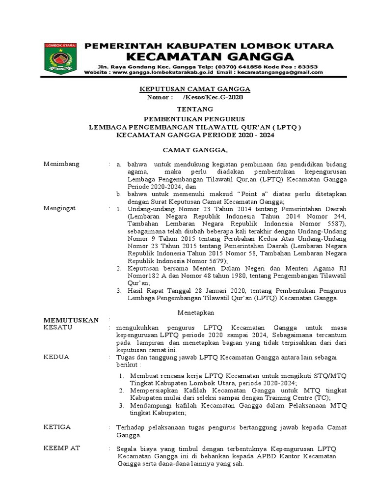 Pembentukan Pengurus LPTQ Gangga 2020 | PDF