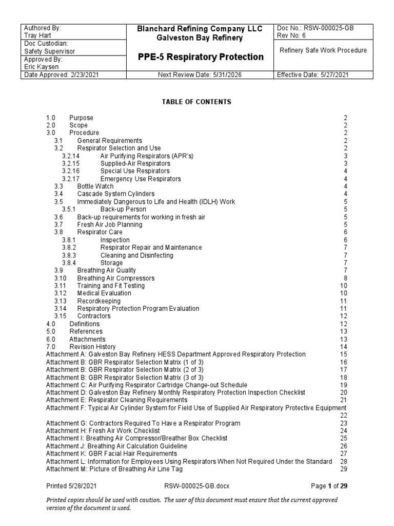 PPE5 Respiratory Protection Blanchard Refining Company LLC Galveston