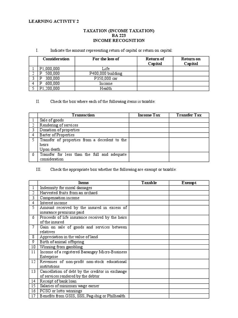 Learning Activity 2 - Inc Tax | PDF | Finance & Money Management | Law