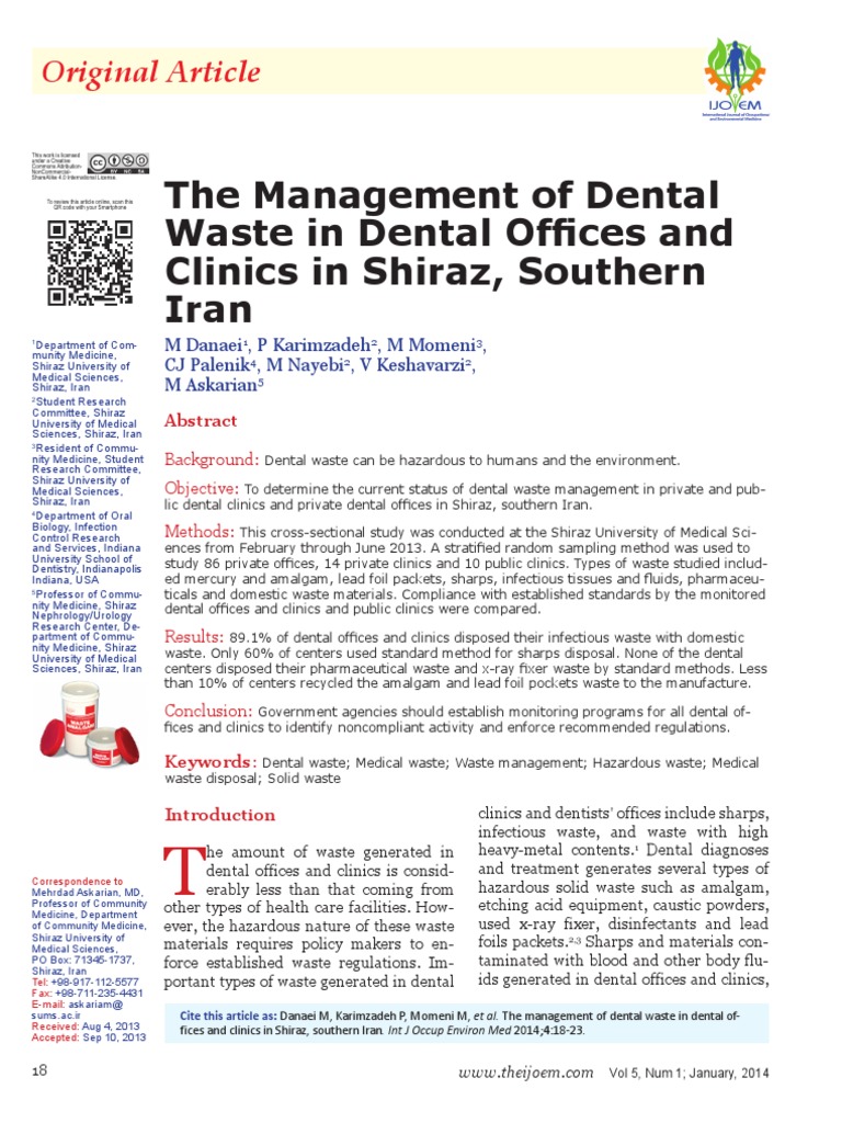 The Management of Dental Waste in Dental Offices and Clinics in Shiraz